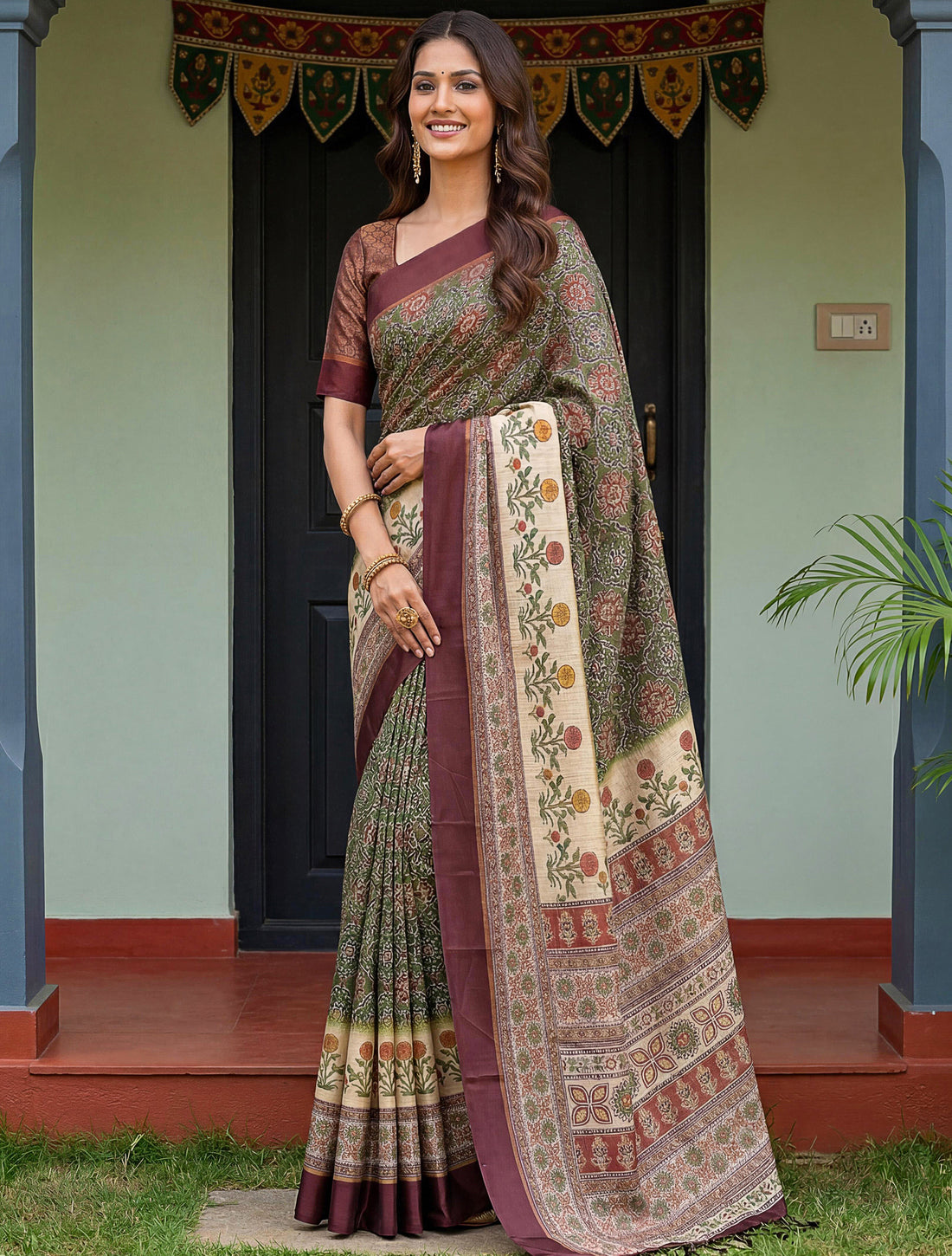 Fabulous Olive Green Printed Silk Festival Wear Saree With Blouse