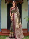 Fabulous Olive Green Printed Silk Festival Wear Saree With Blouse