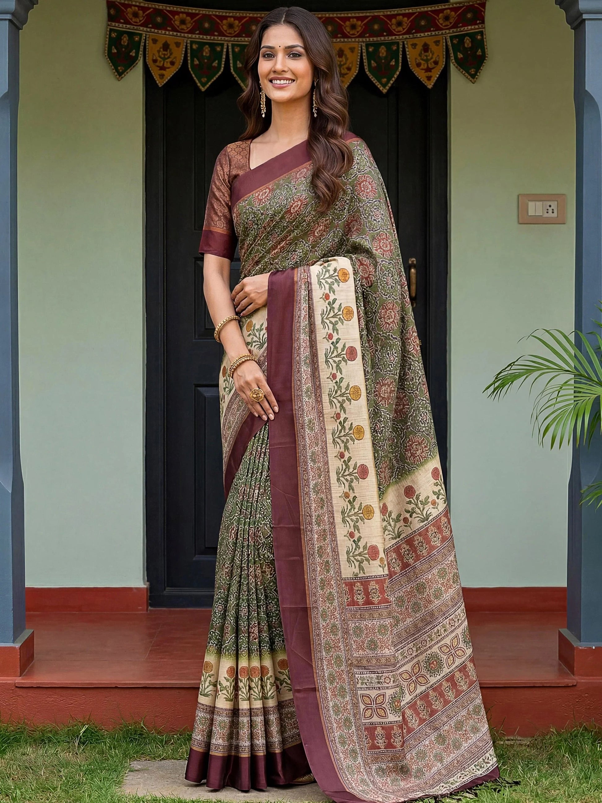Fabulous Olive Green Printed Silk Festival Wear Saree With Blouse