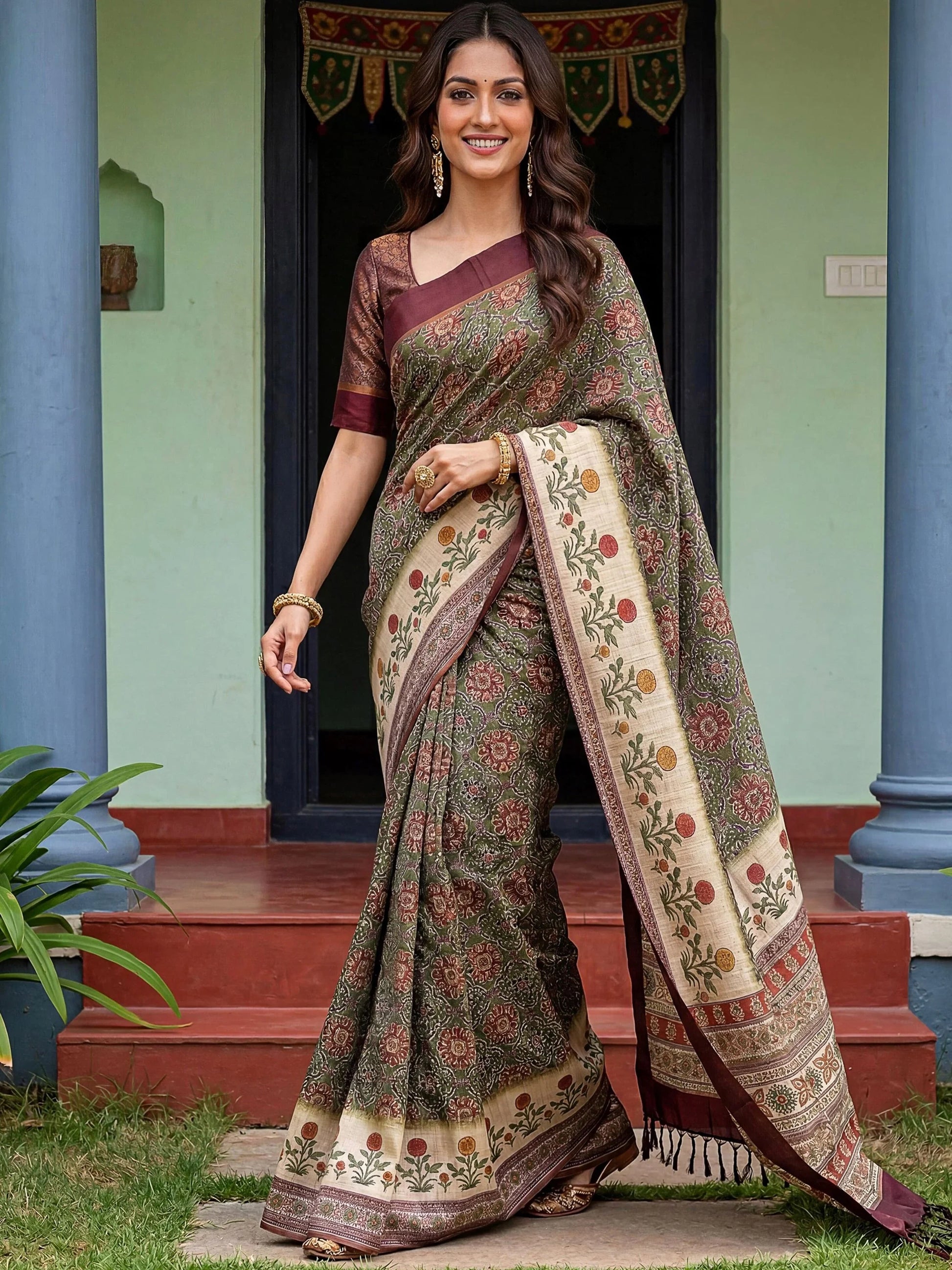 Fabulous Olive Green Printed Silk Festival Wear Saree With Blouse