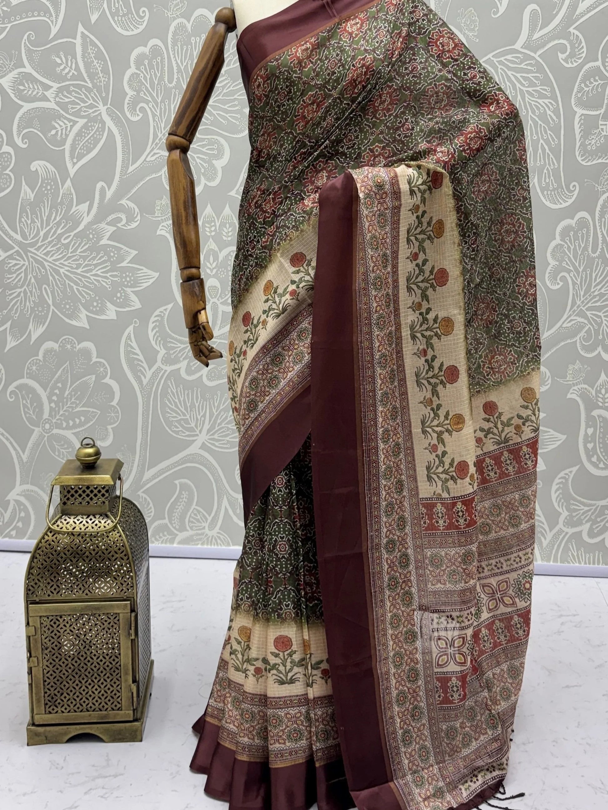 Fabulous Olive Green Printed Silk Festival Wear Saree With Blouse