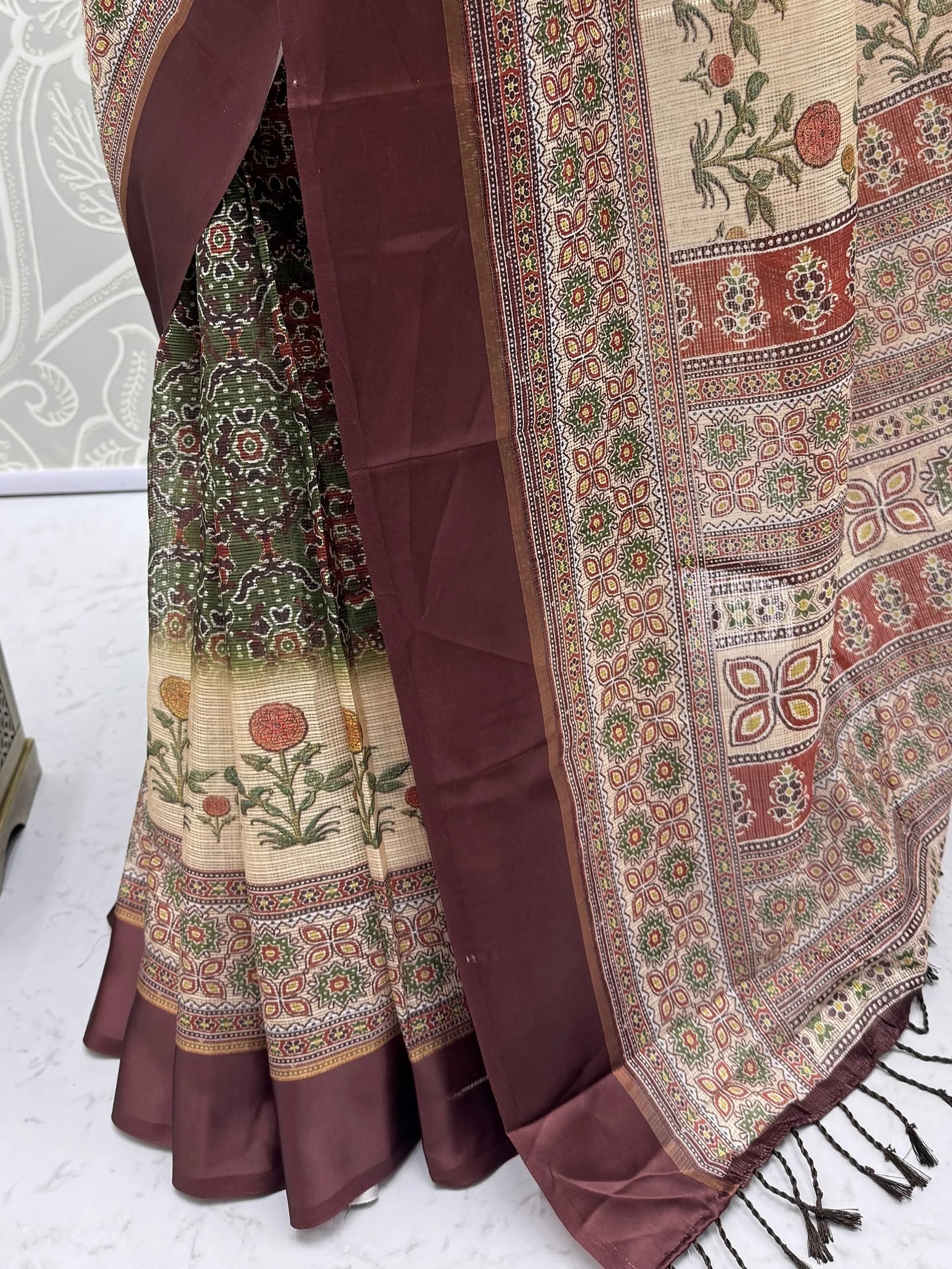 Fabulous Olive Green Printed Silk Festival Wear Saree With Blouse
