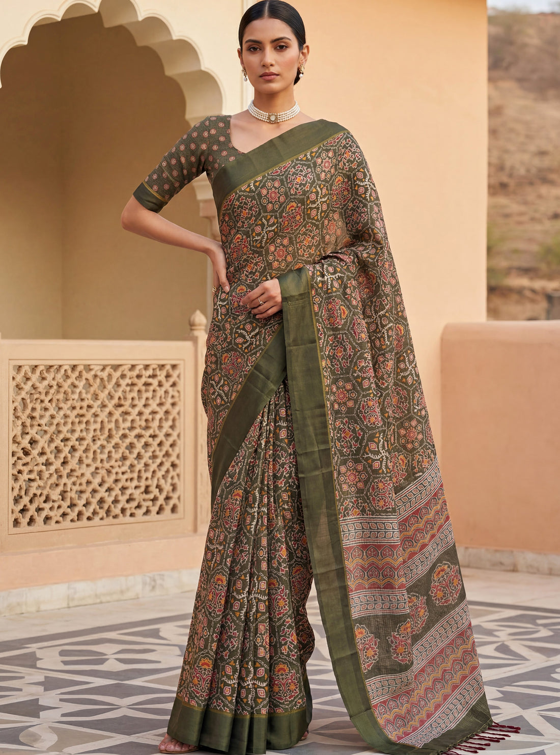 Precious Olive Green Floral Printed Silk Traditional Wear Saree With Blouse