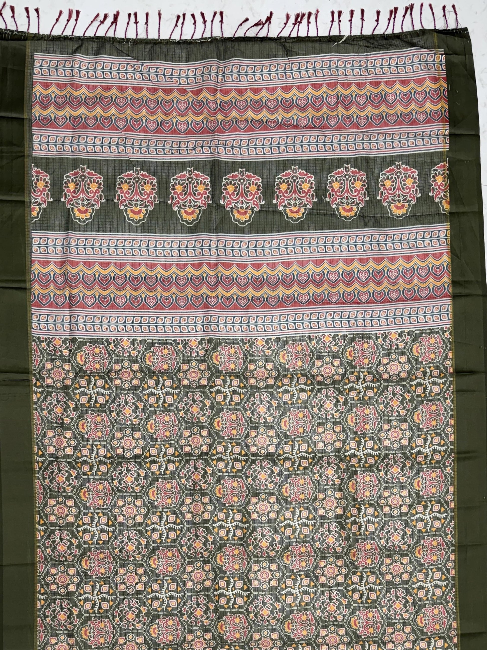 Precious Olive Green Floral Printed Silk Traditional Wear Saree With Blouse