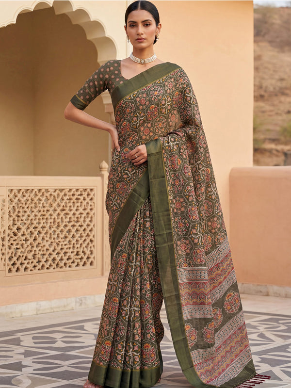 Precious Olive Green Floral Printed Silk Traditional Wear Saree With Blouse