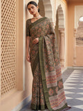 Precious Olive Green Floral Printed Silk Traditional Wear Saree With Blouse