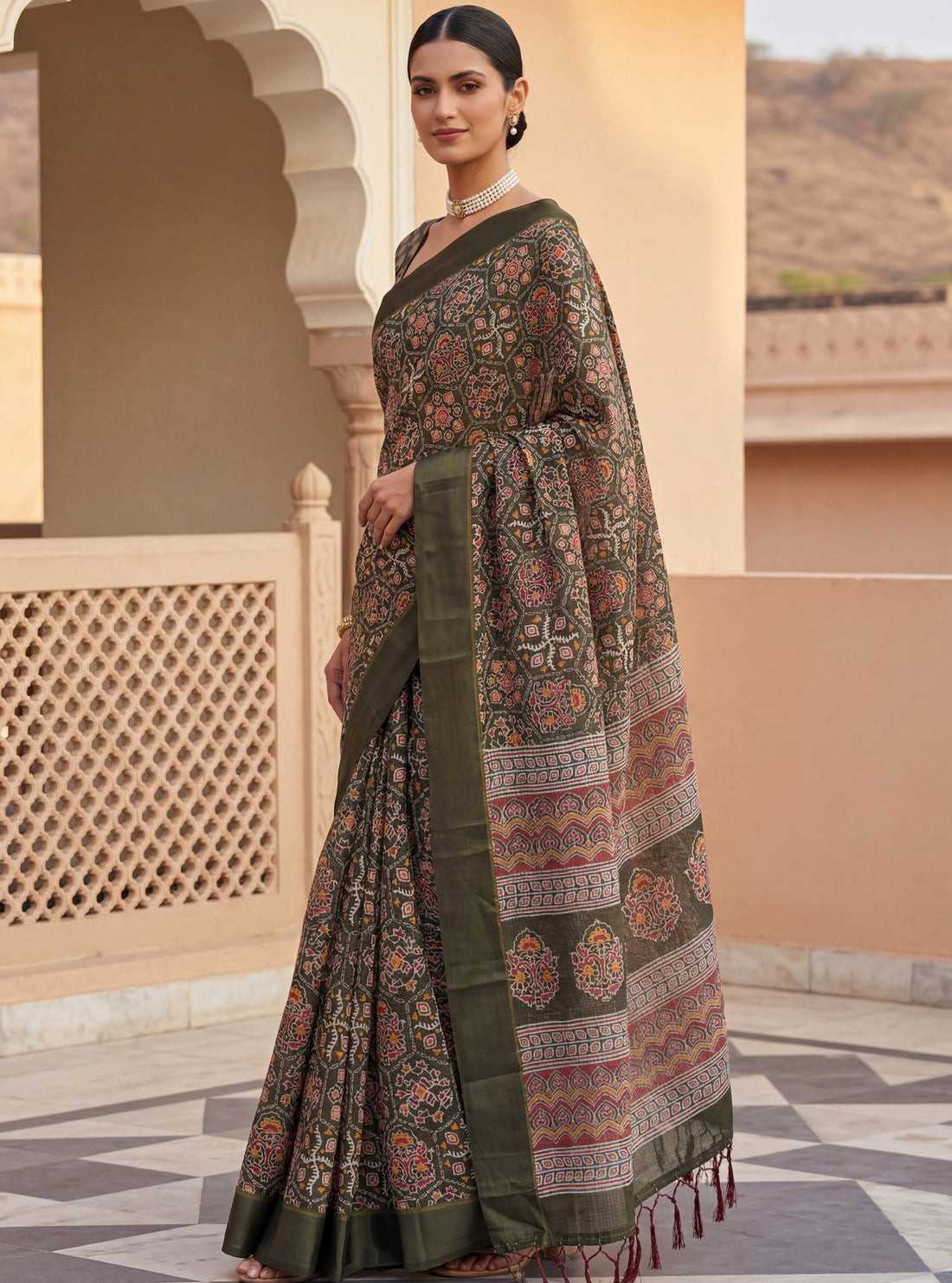 Precious Olive Green Floral Printed Silk Traditional Wear Saree With Blouse