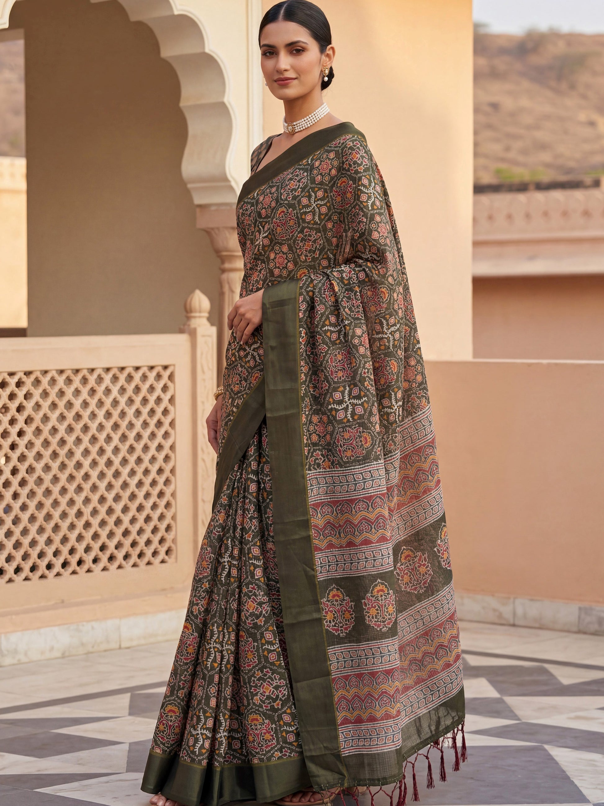 Precious Olive Green Floral Printed Silk Traditional Wear Saree With Blouse