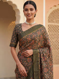 Precious Olive Green Floral Printed Silk Traditional Wear Saree With Blouse