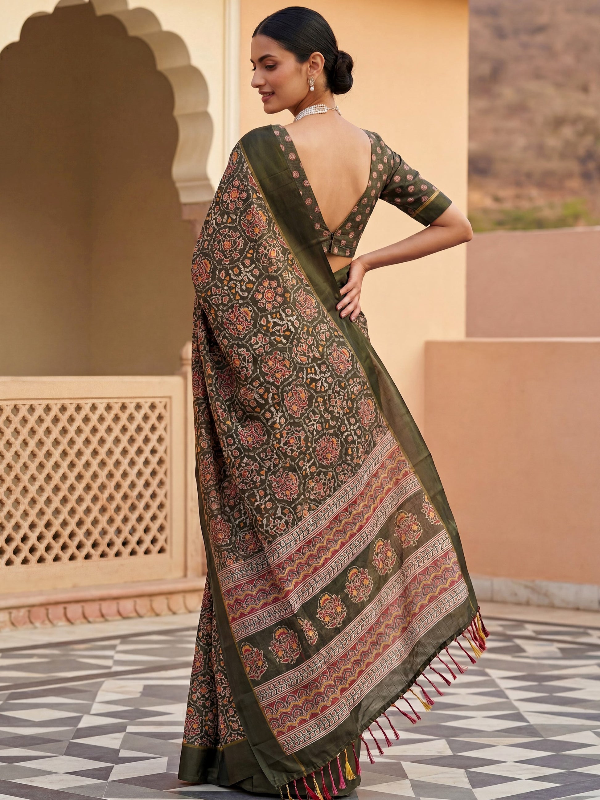 Precious Olive Green Floral Printed Silk Traditional Wear Saree With Blouse
