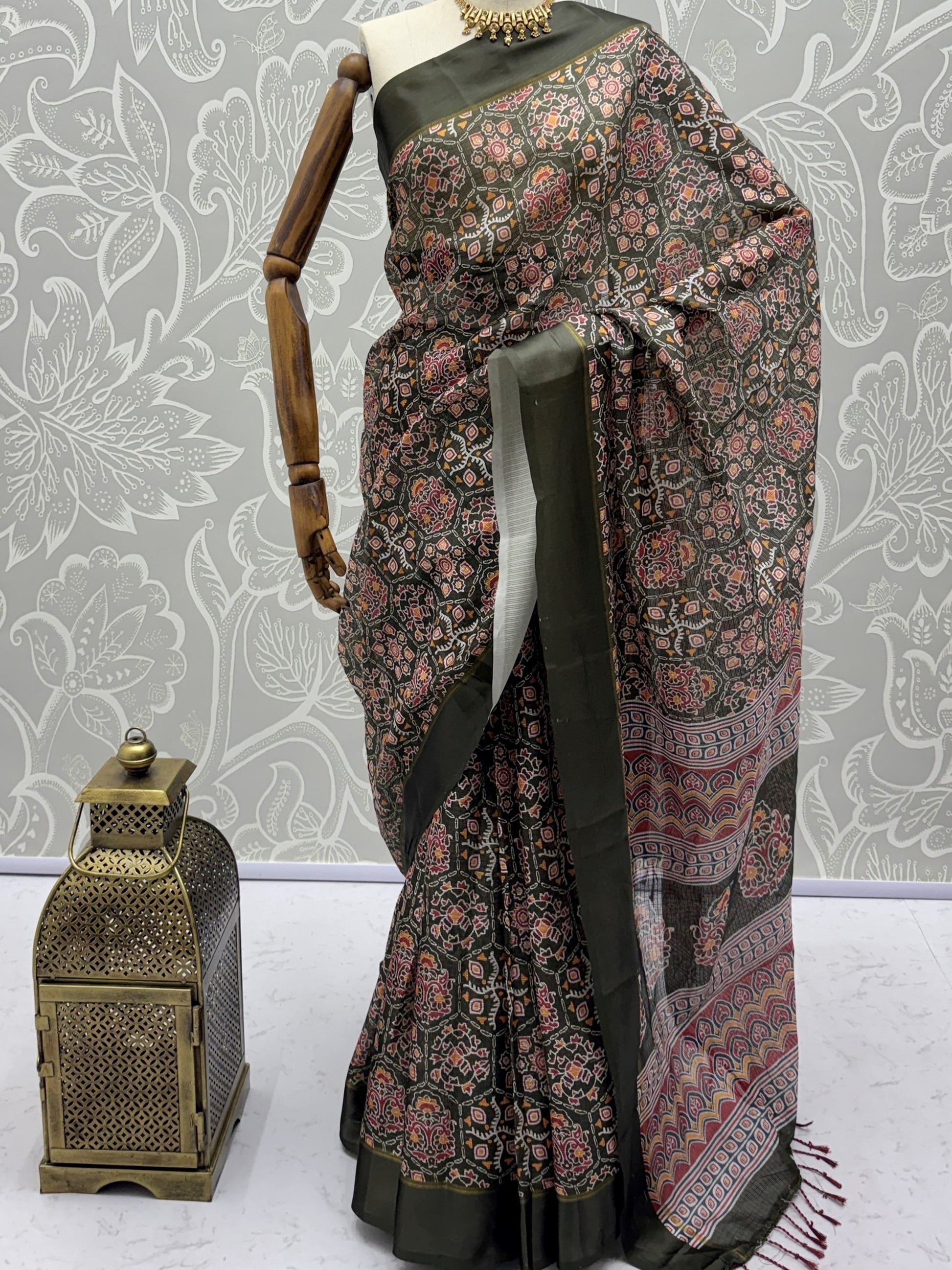 Precious Olive Green Floral Printed Silk Traditional Wear Saree With Blouse