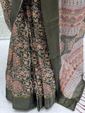 Precious Olive Green Floral Printed Silk Traditional Wear Saree With Blouse
