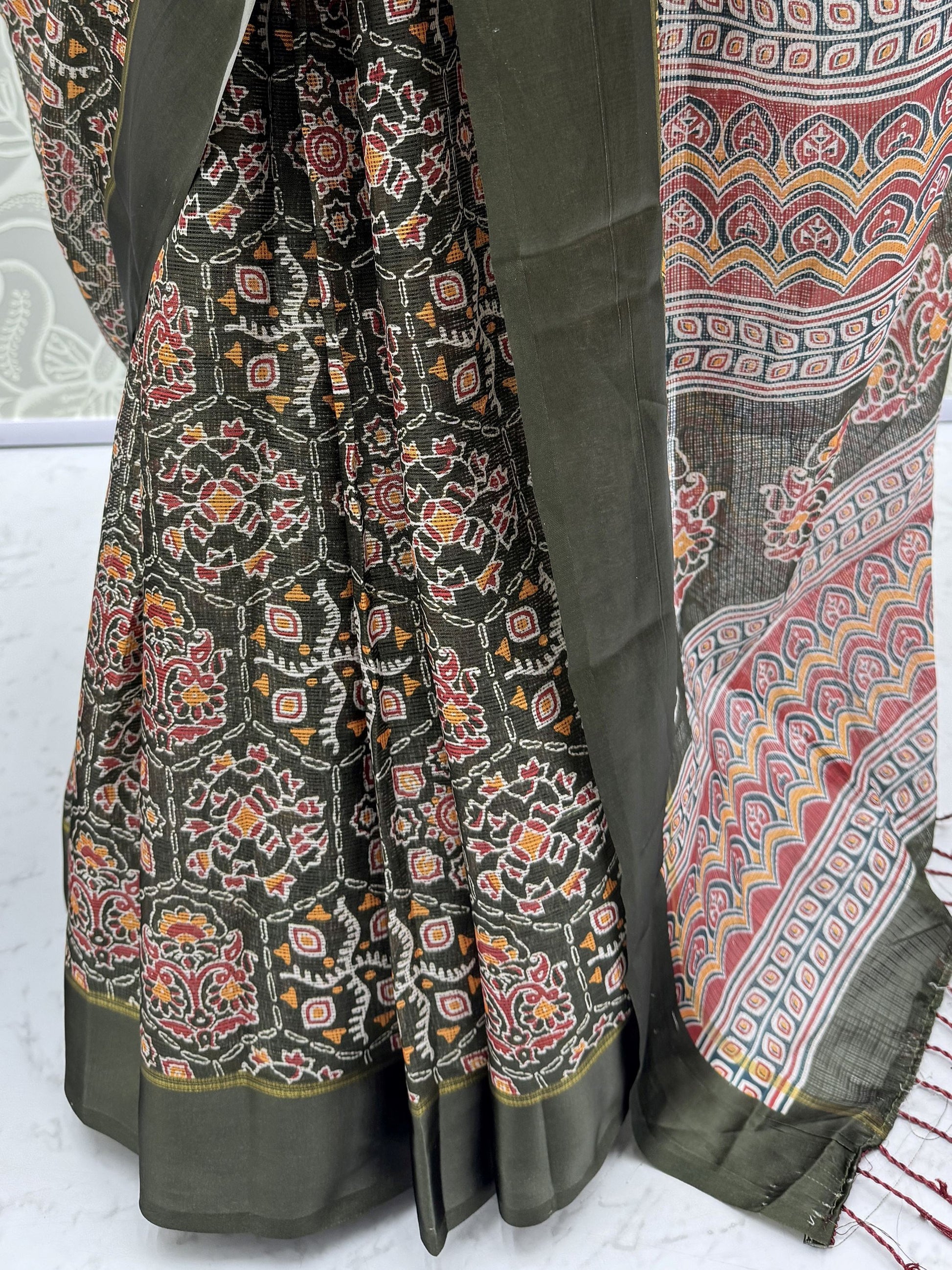 Precious Olive Green Floral Printed Silk Traditional Wear Saree With Blouse