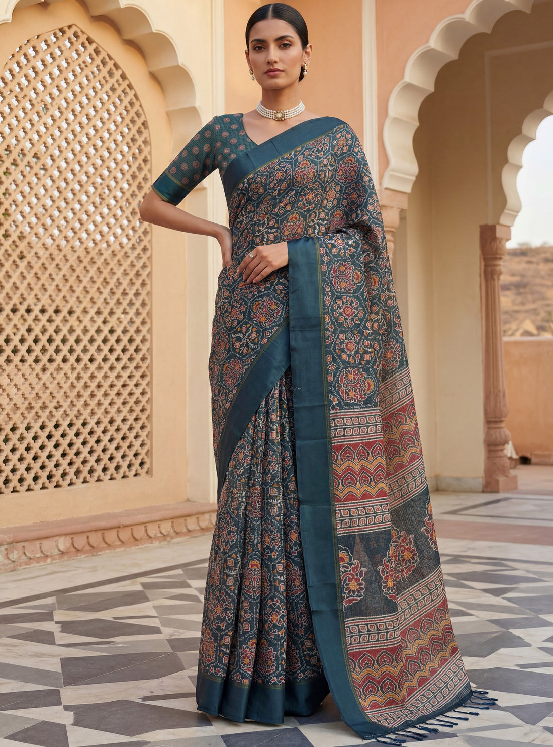 Amazing Teal Blue Printed Silk Function Wear Saree With Blouse