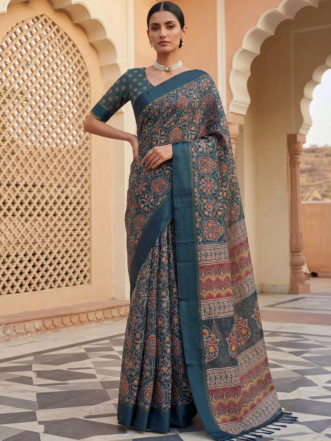 Amazing Teal Blue Printed Silk Function Wear Saree With Blouse