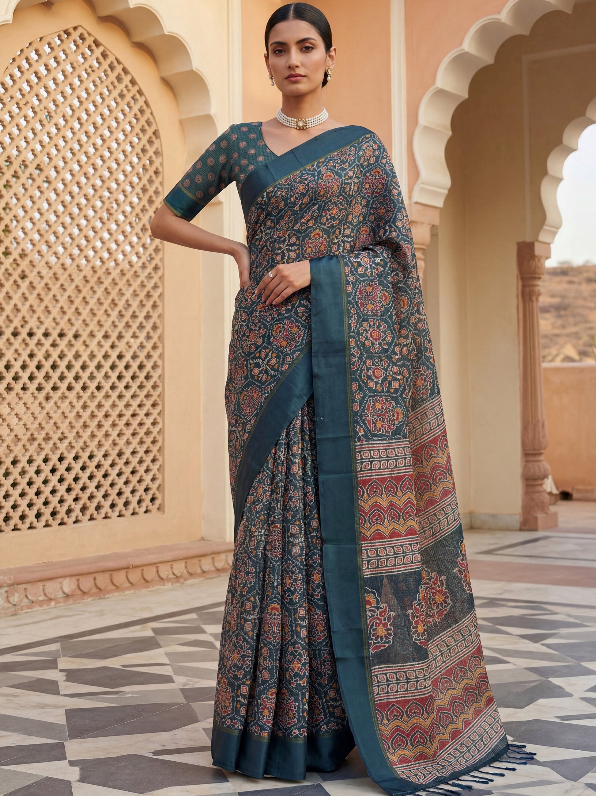 Amazing Teal Blue Printed Silk Function Wear Saree With Blouse