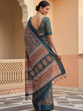 Amazing Teal Blue Printed Silk Function Wear Saree With Blouse