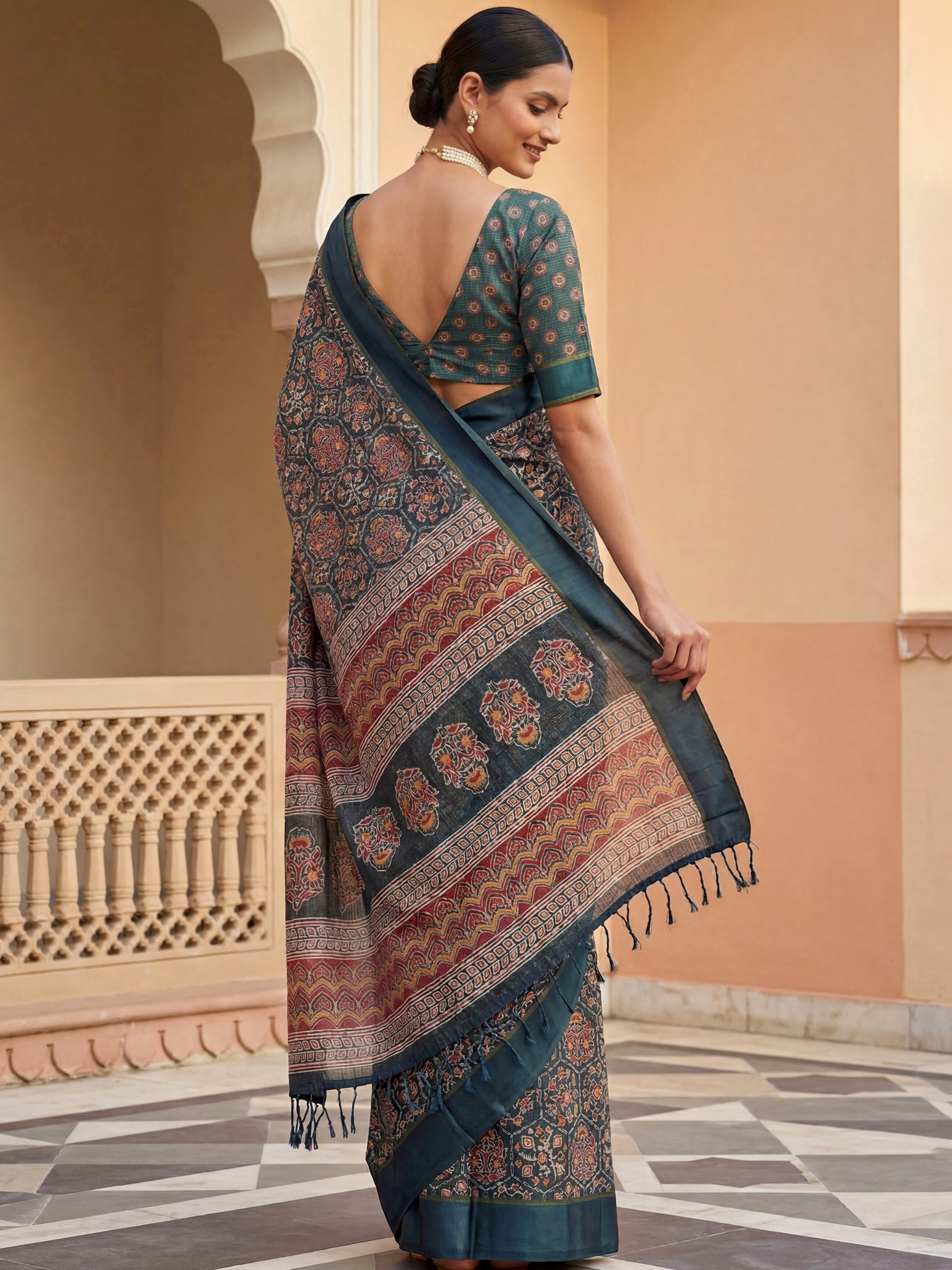 Amazing Teal Blue Printed Silk Function Wear Saree With Blouse