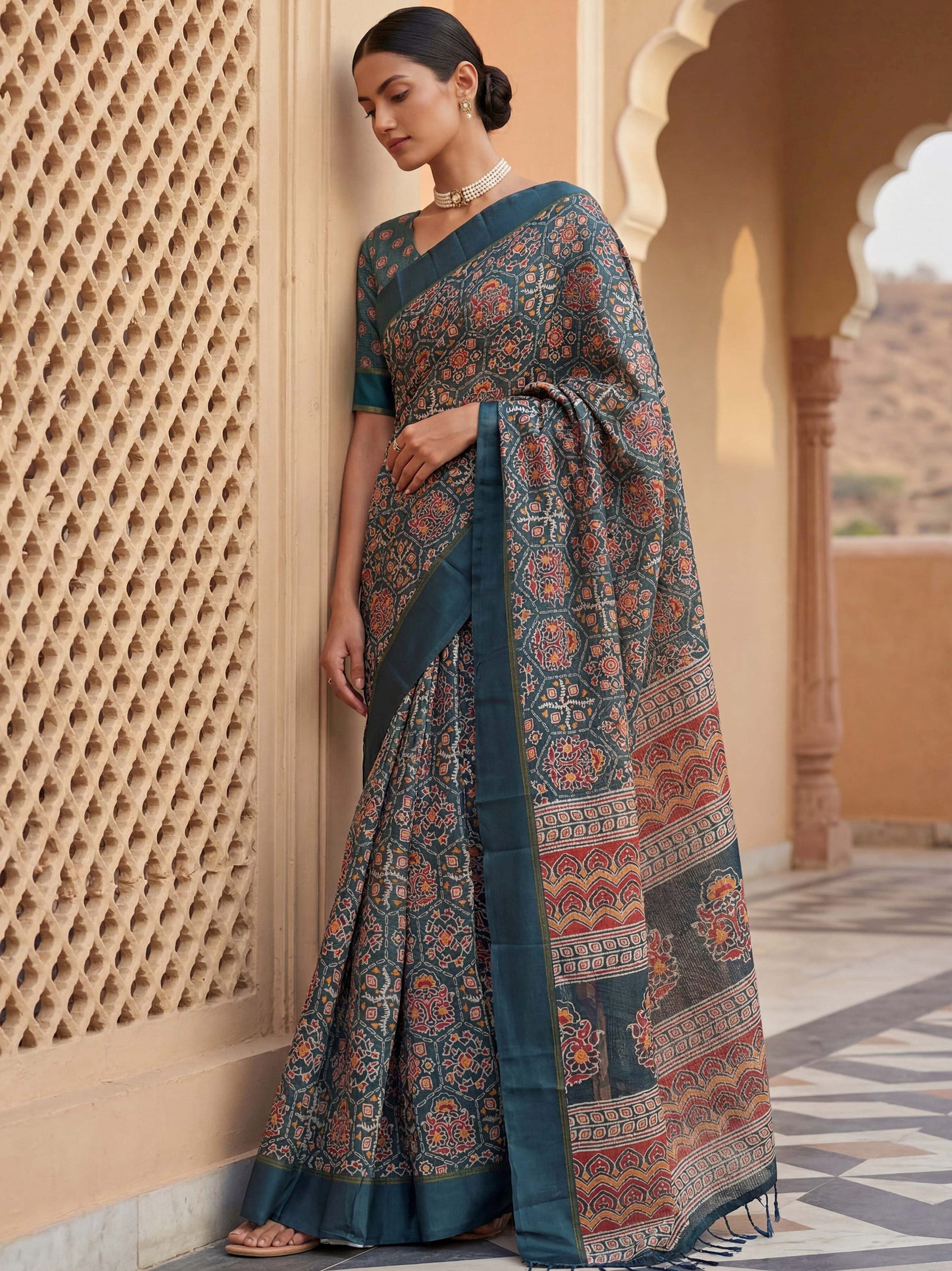 Amazing Teal Blue Printed Silk Function Wear Saree With Blouse