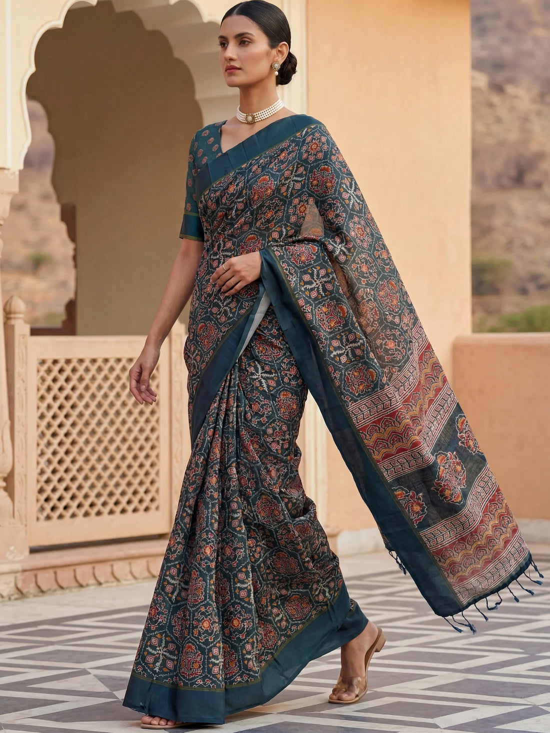 Amazing Teal Blue Printed Silk Function Wear Saree With Blouse