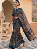 Amazing Teal Blue Printed Silk Function Wear Saree With Blouse