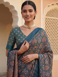 Amazing Teal Blue Printed Silk Function Wear Saree With Blouse