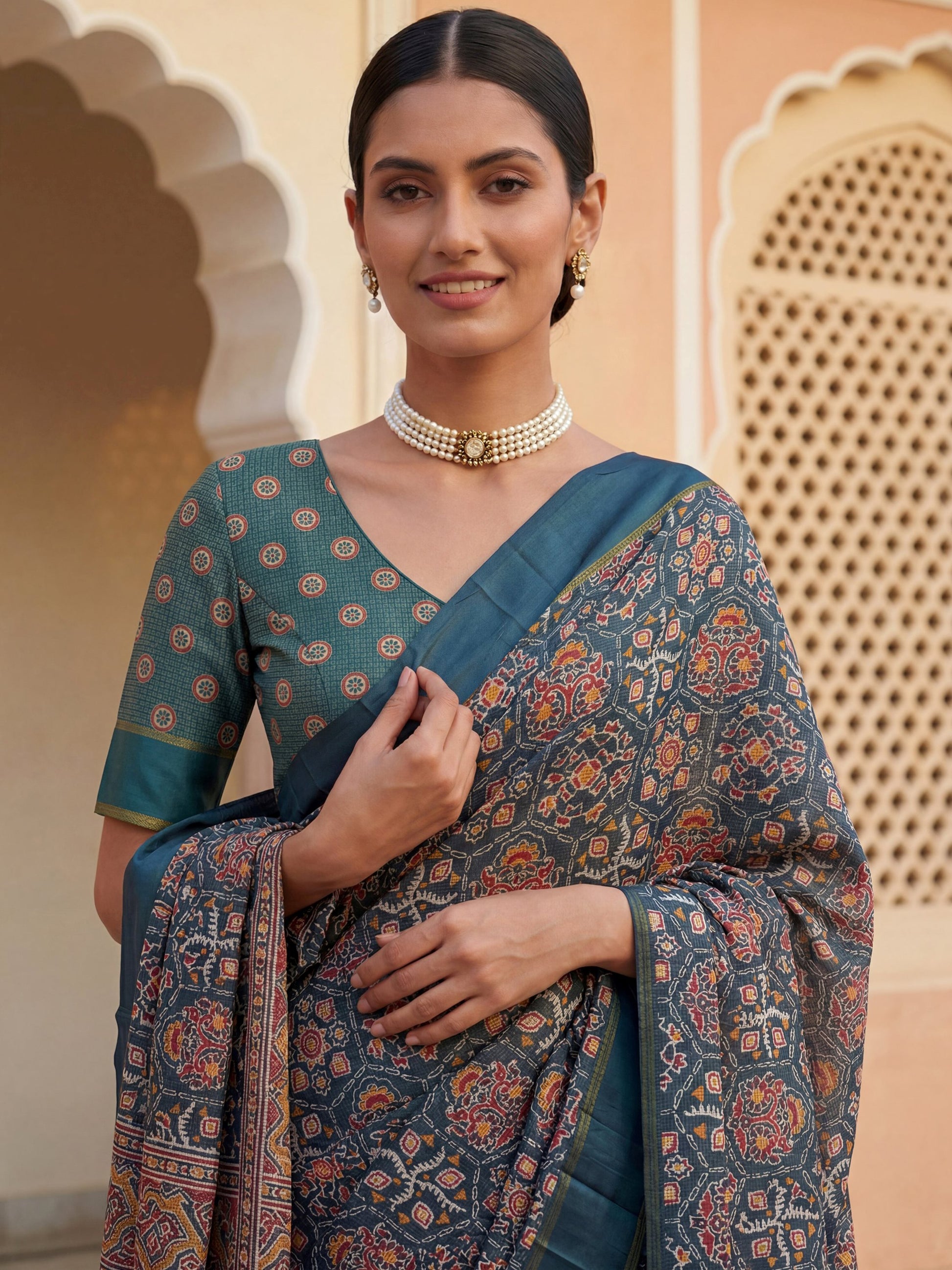 Amazing Teal Blue Printed Silk Function Wear Saree With Blouse