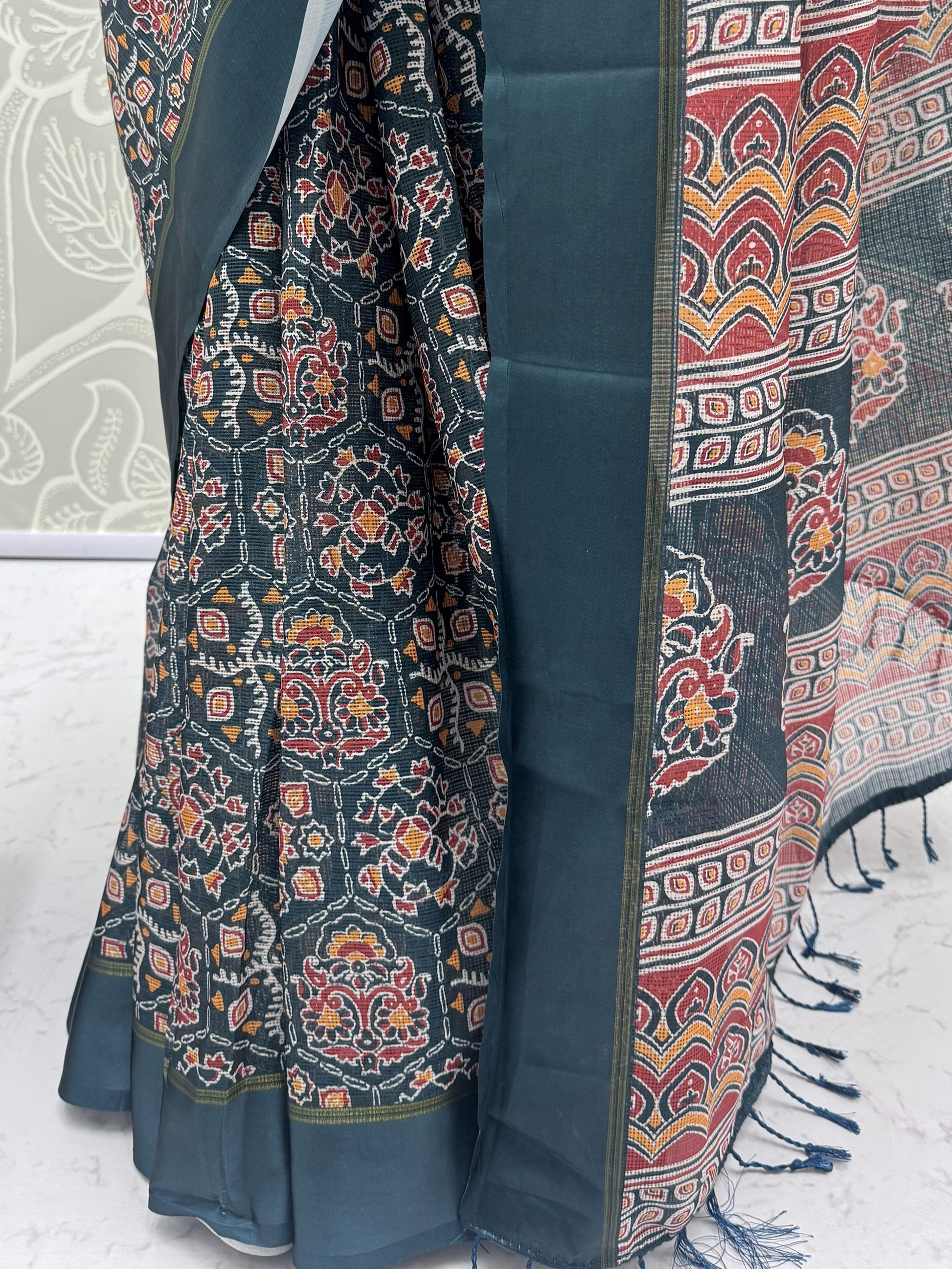 Amazing Teal Blue Printed Silk Function Wear Saree With Blouse