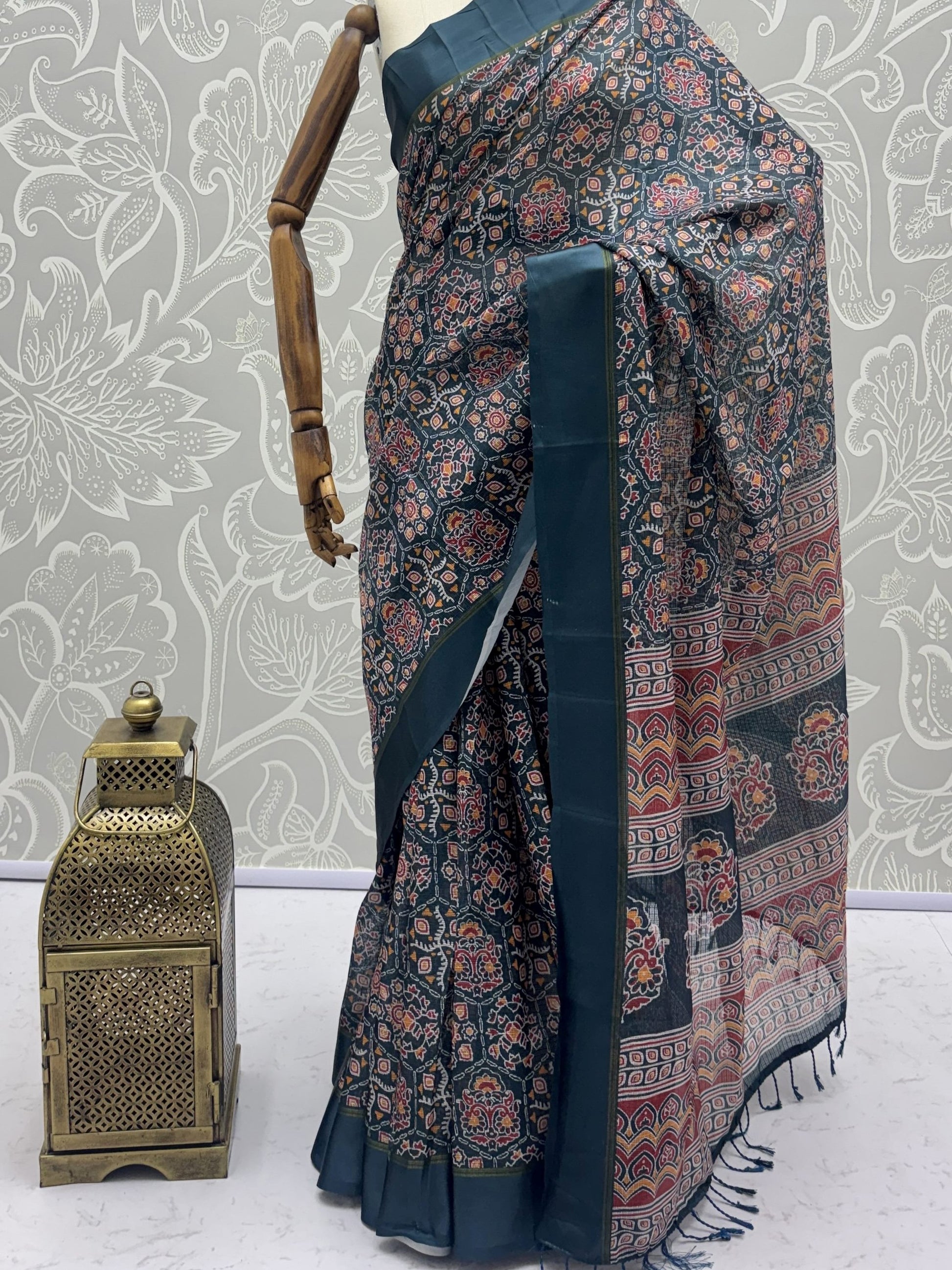 Amazing Teal Blue Printed Silk Function Wear Saree With Blouse