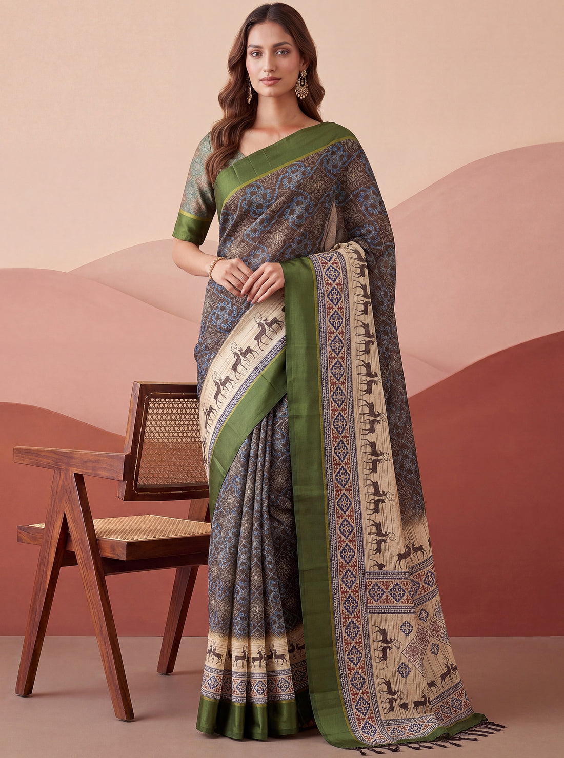 Awesome Charcoal Grey Printed Silk Casual Wear Saree With Blouse