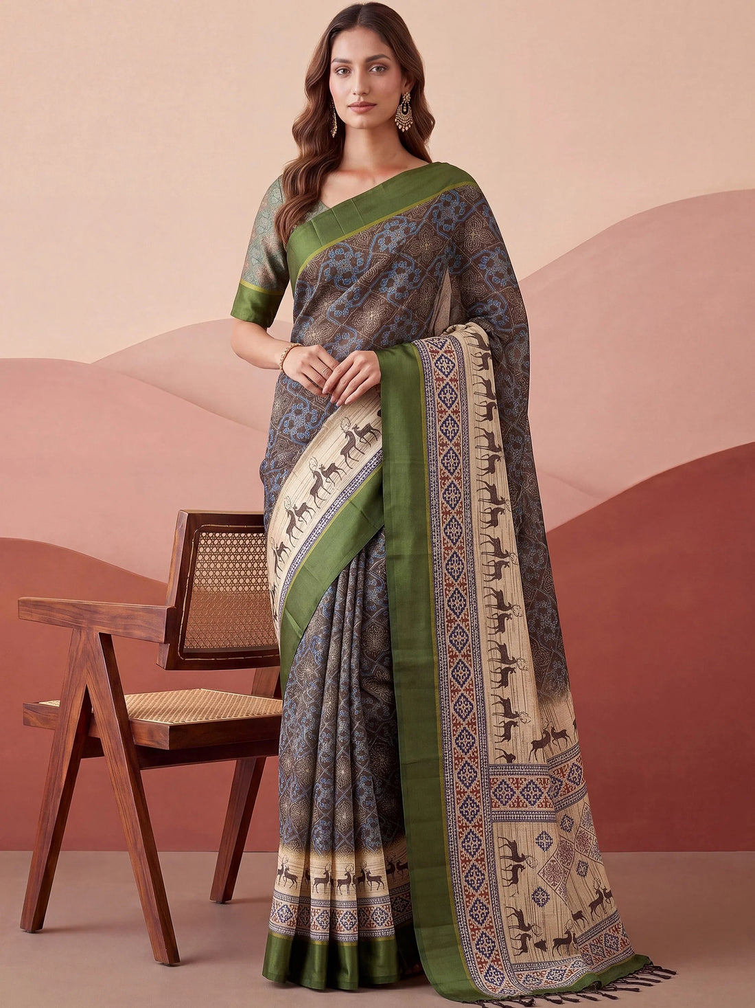 Awesome Charcoal Grey Printed Silk Casual Wear Saree With Blouse