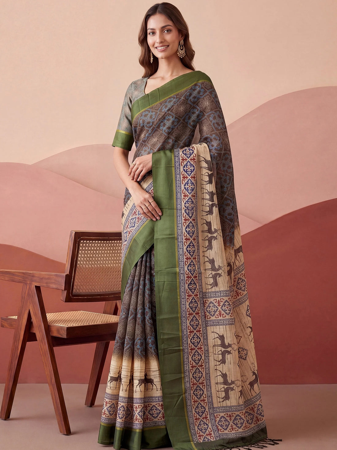 Awesome Charcoal Grey Printed Silk Casual Wear Saree With Blouse
