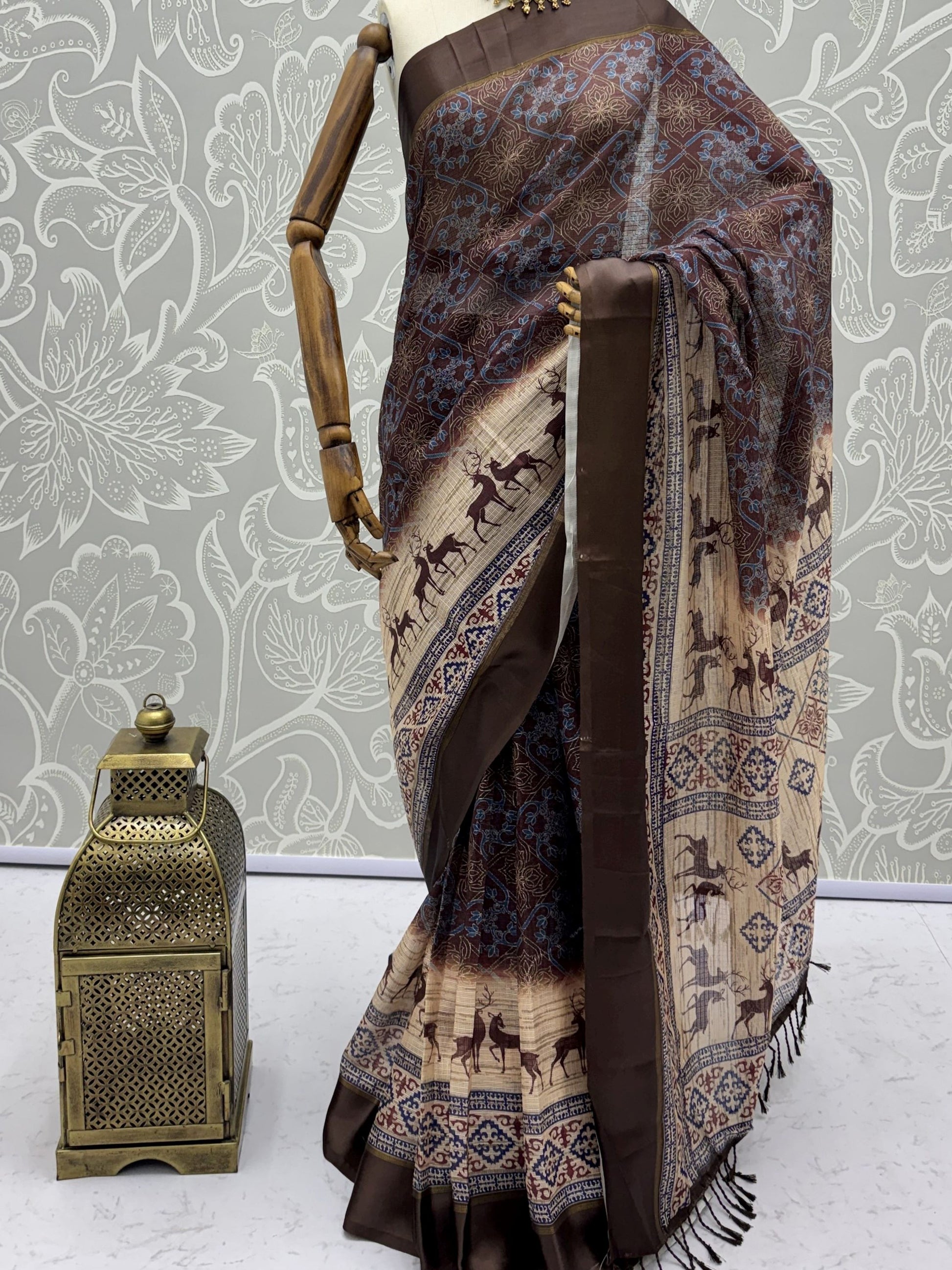 Dazzling Brown Printed Silk Office Wear Saree With Blouse