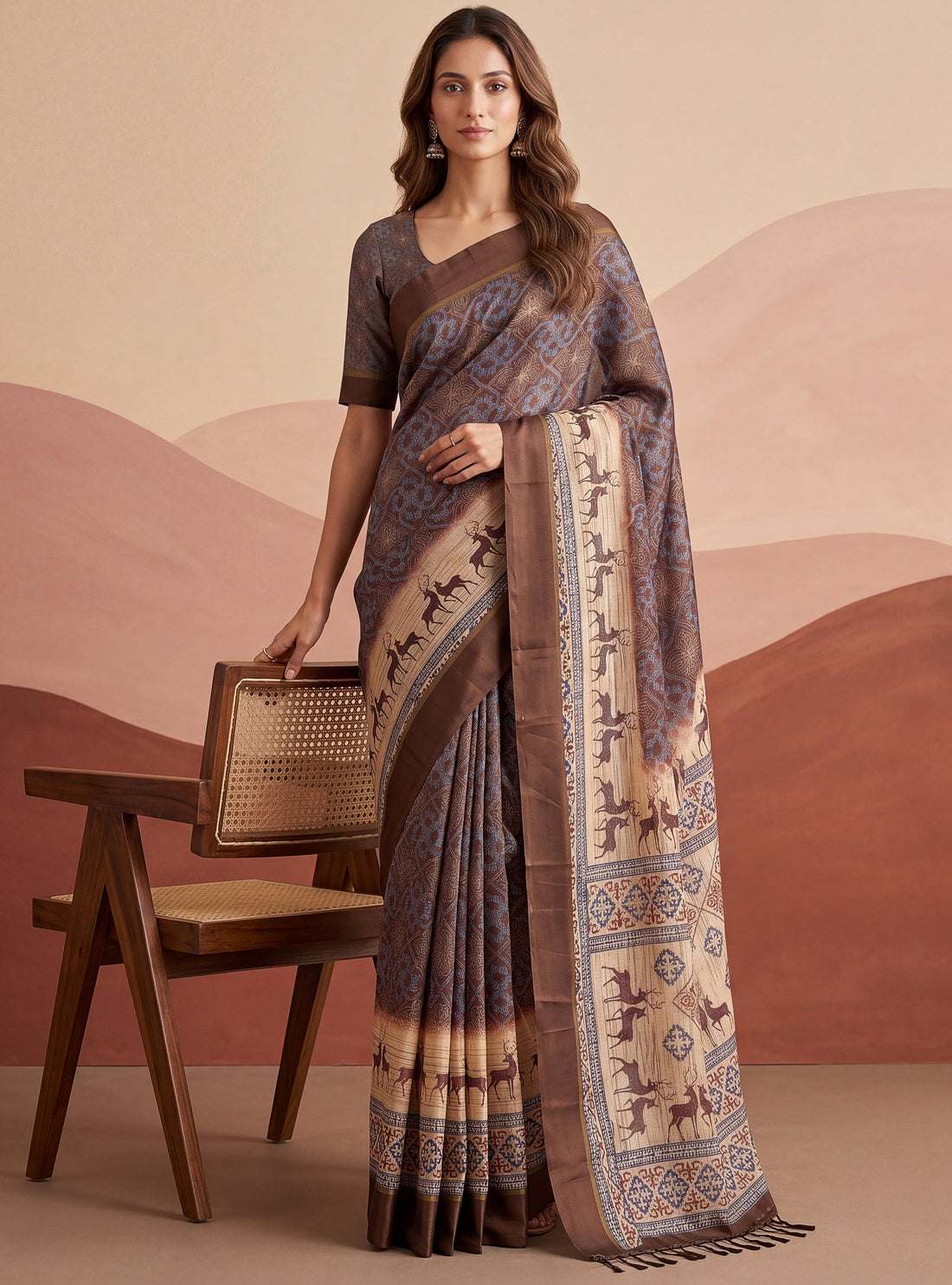 Dazzling Brown Printed Silk Office Wear Saree With Blouse