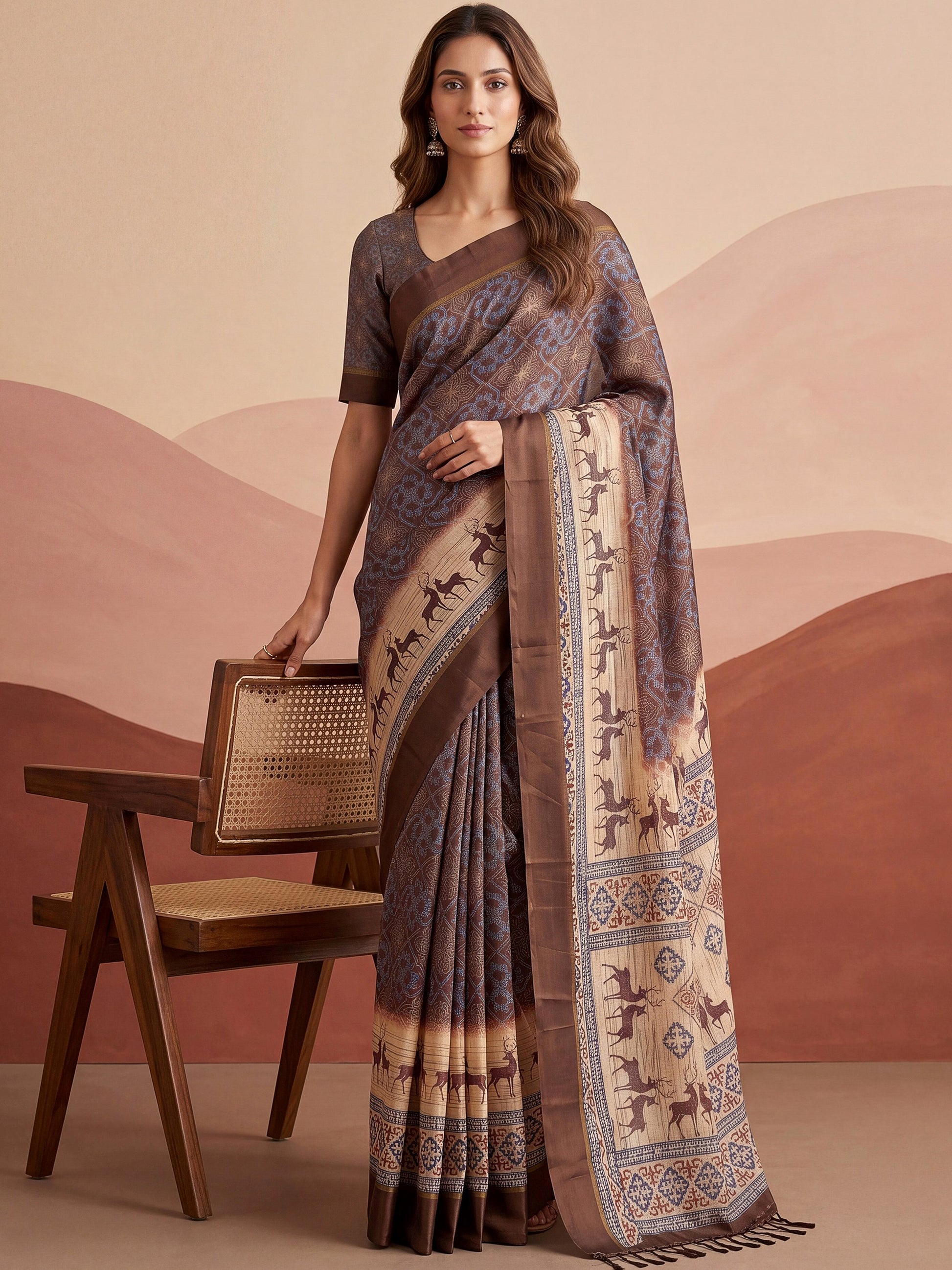 Dazzling Brown Printed Silk Office Wear Saree With Blouse