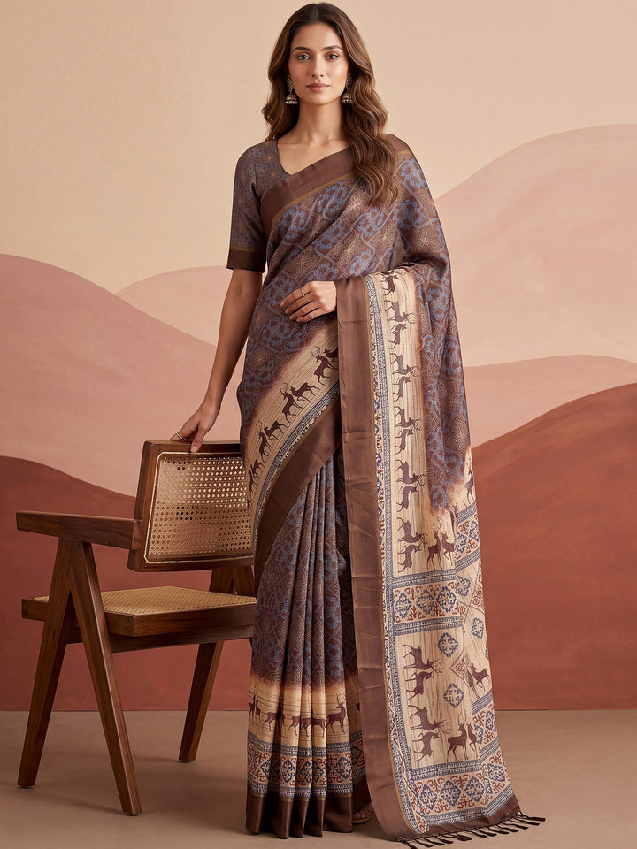 Dazzling Brown Printed Silk Office Wear Saree With Blouse