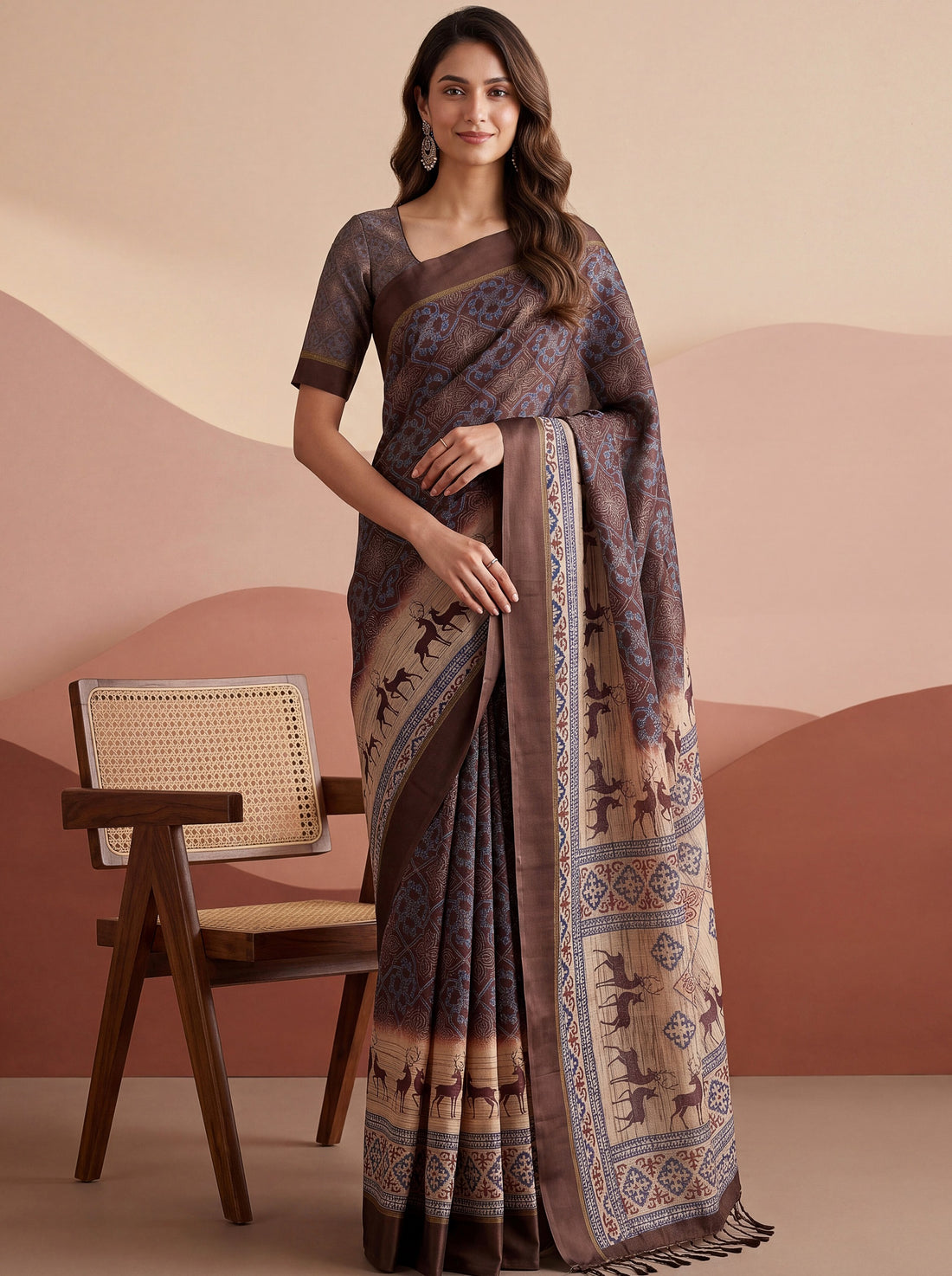 Dazzling Brown Printed Silk Office Wear Saree With Blouse