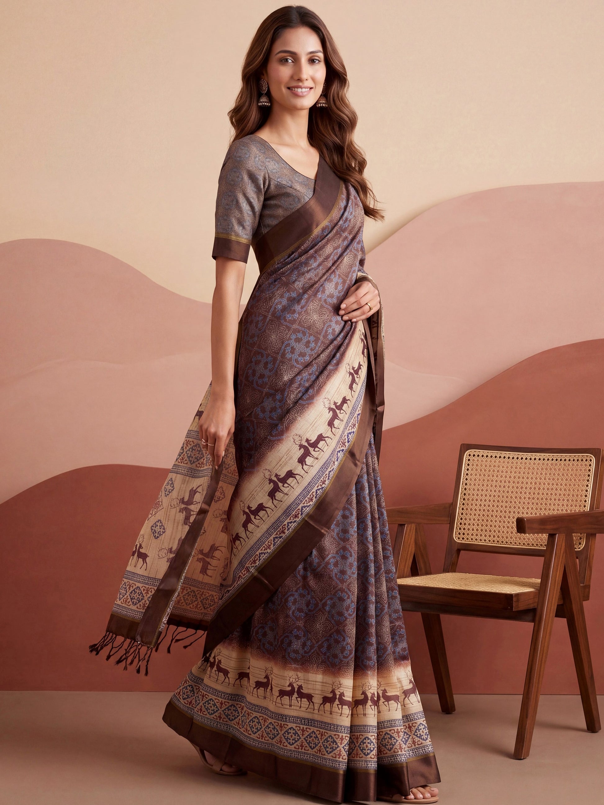 Dazzling Brown Printed Silk Office Wear Saree With Blouse