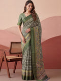 Impressive Olive Green Floral Print Silk Office Wear Saree With Blouse