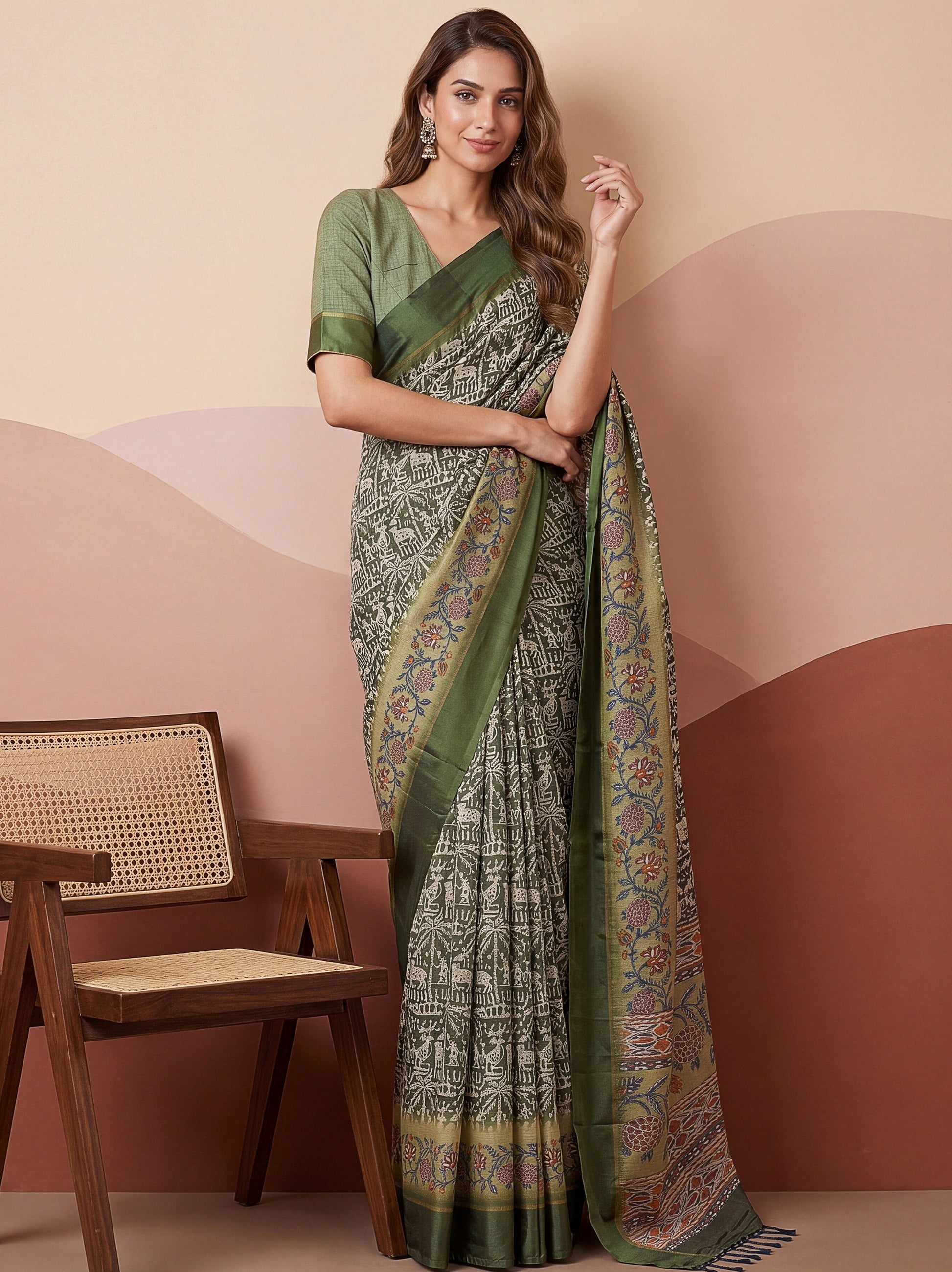 Impressive Olive Green Floral Print Silk Office Wear Saree With Blouse