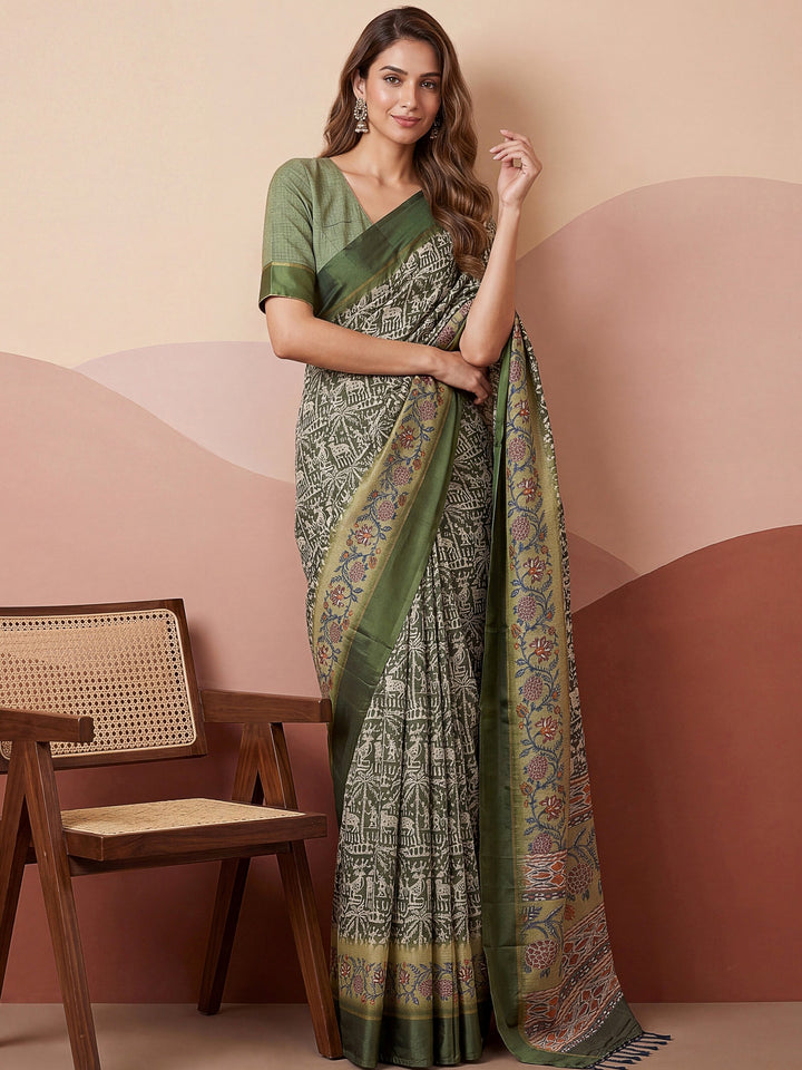 Impressive Olive Green Floral Print Silk Office Wear Saree With Blouse