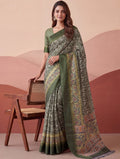 Impressive Olive Green Floral Print Silk Office Wear Saree With Blouse