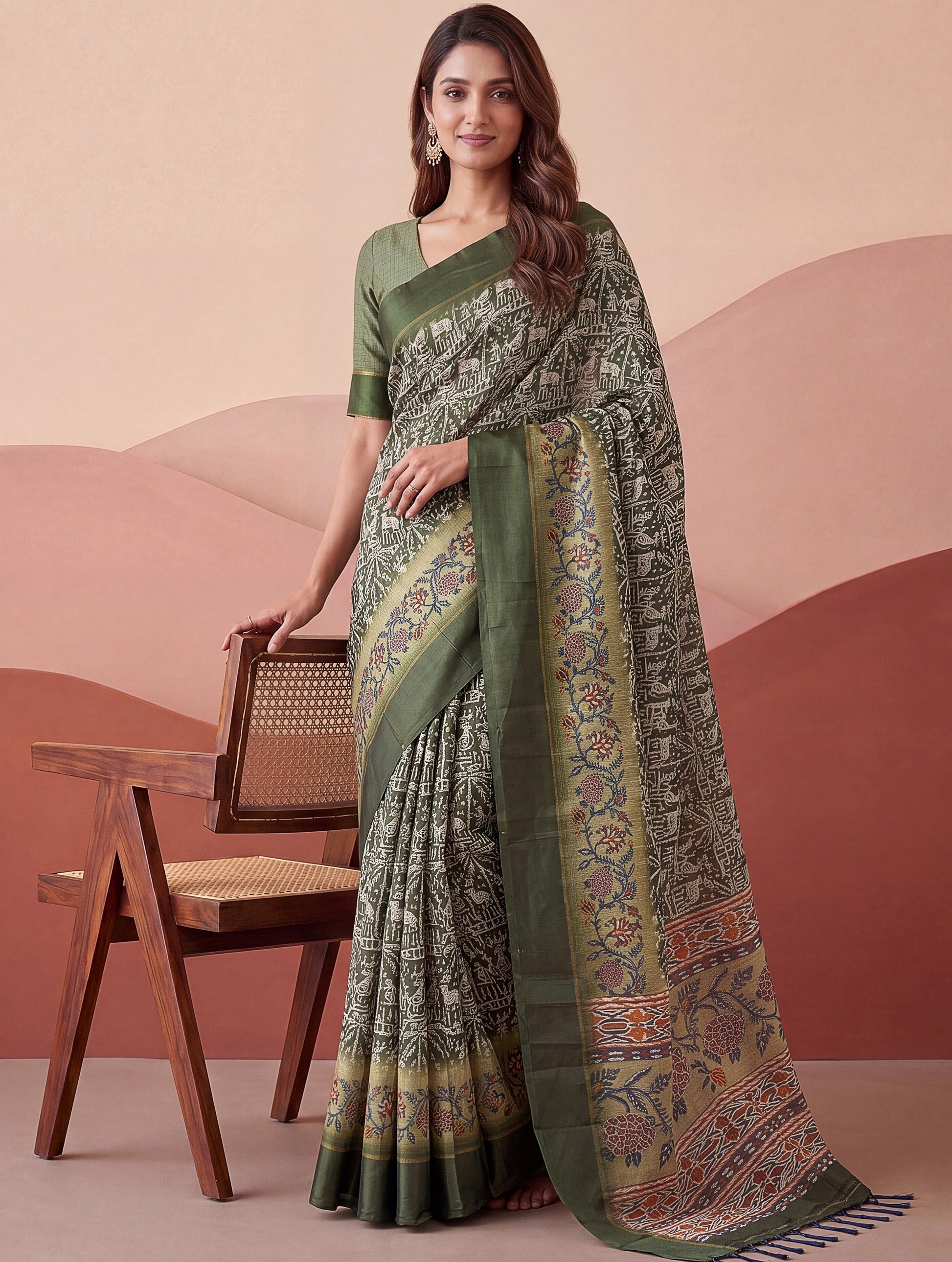 Impressive Olive Green Floral Print Silk Office Wear Saree With Blouse