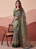 Impressive Olive Green Floral Print Silk Office Wear Saree With Blouse