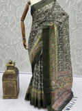 Impressive Olive Green Floral Print Silk Office Wear Saree With Blouse