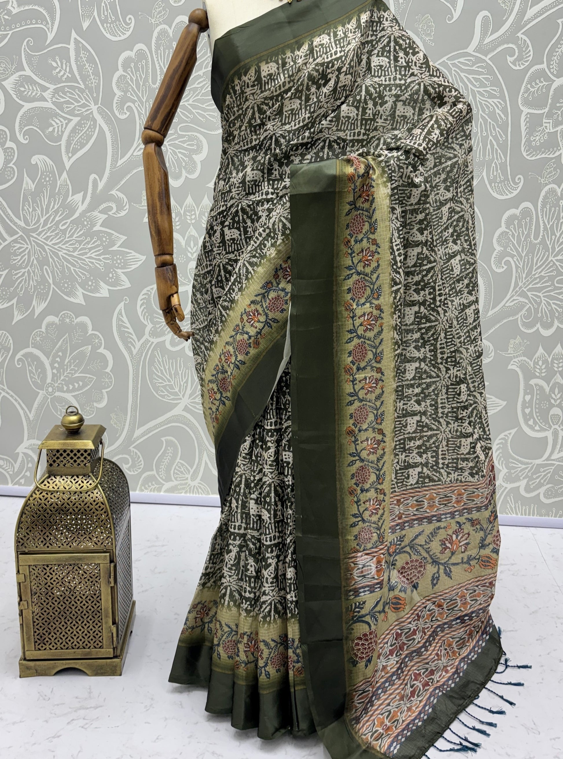 Impressive Olive Green Floral Print Silk Office Wear Saree With Blouse