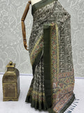 Impressive Olive Green Floral Print Silk Office Wear Saree With Blouse