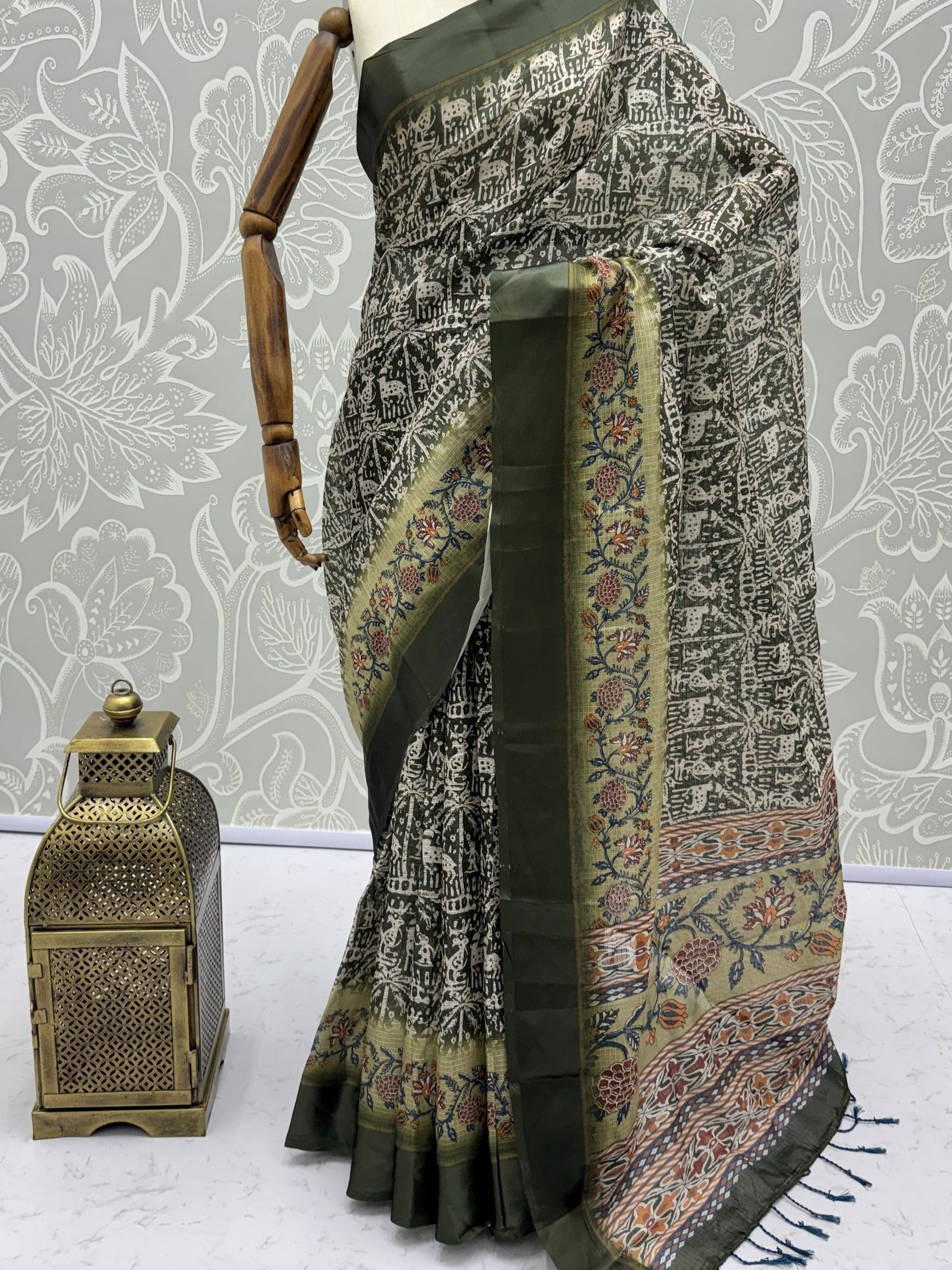 Impressive Olive Green Floral Print Silk Office Wear Saree With Blouse