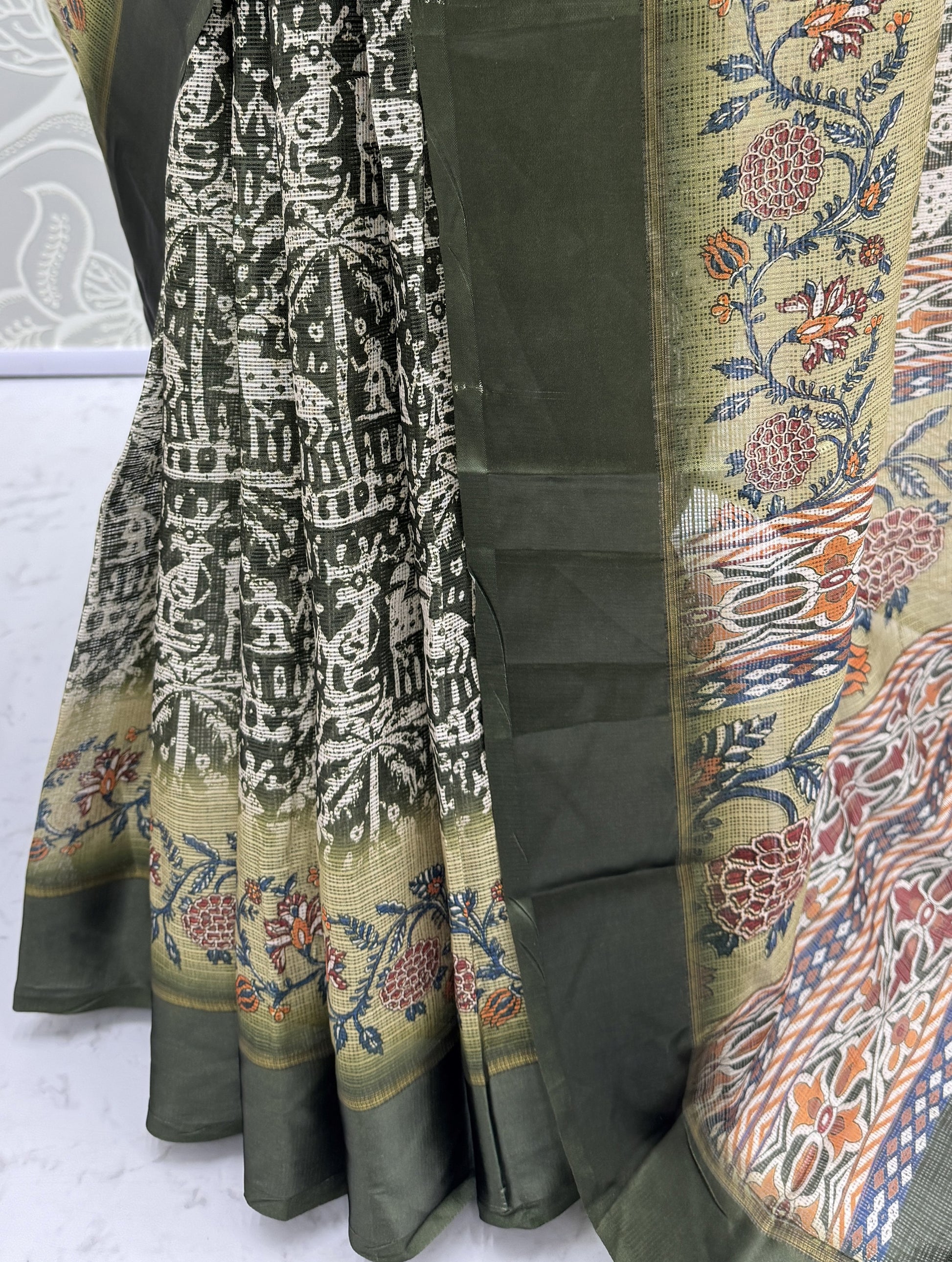 Impressive Olive Green Floral Print Silk Office Wear Saree With Blouse