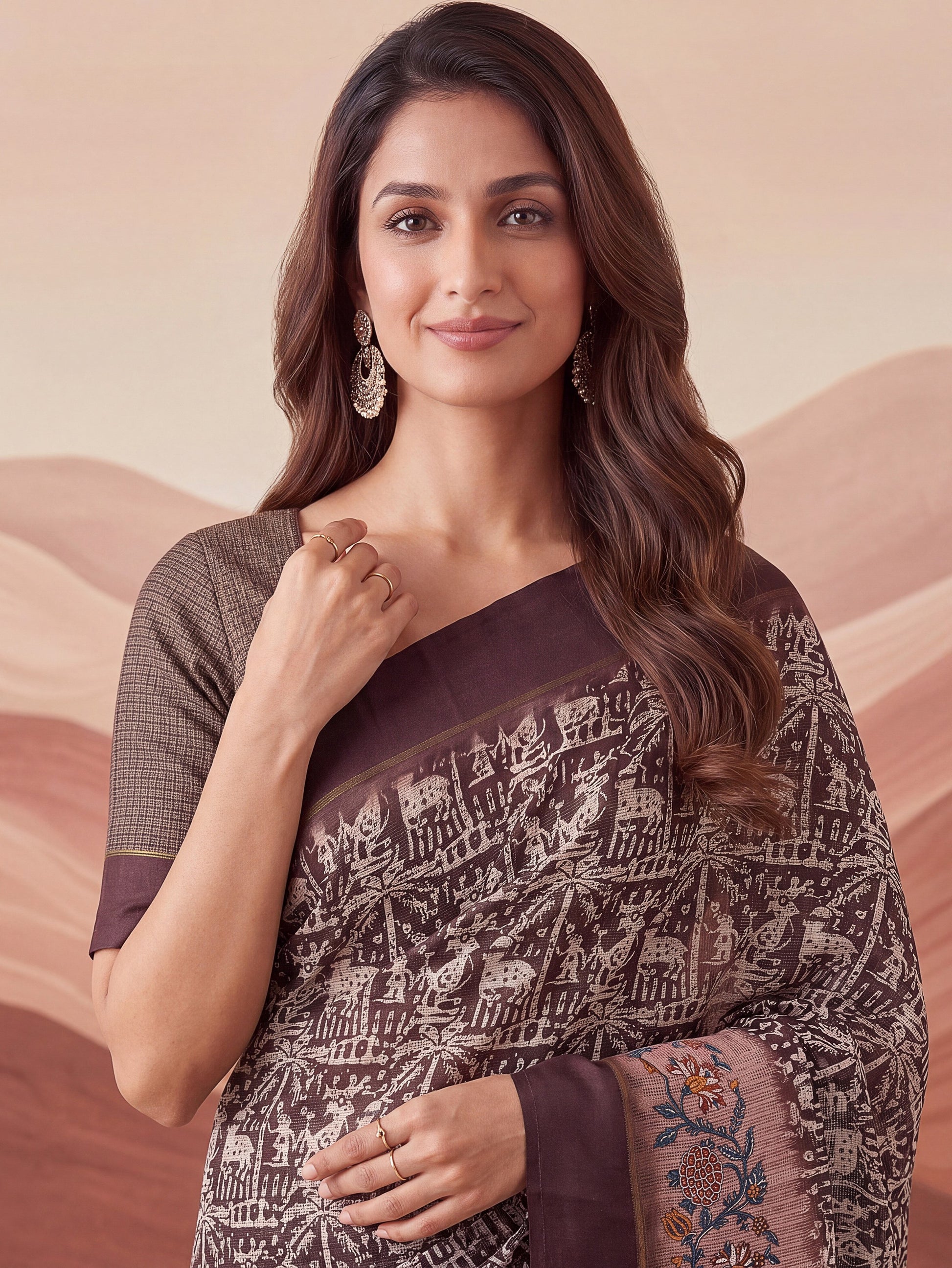 Majestic Brown Printed Silk Festival Wear Saree With Blouse